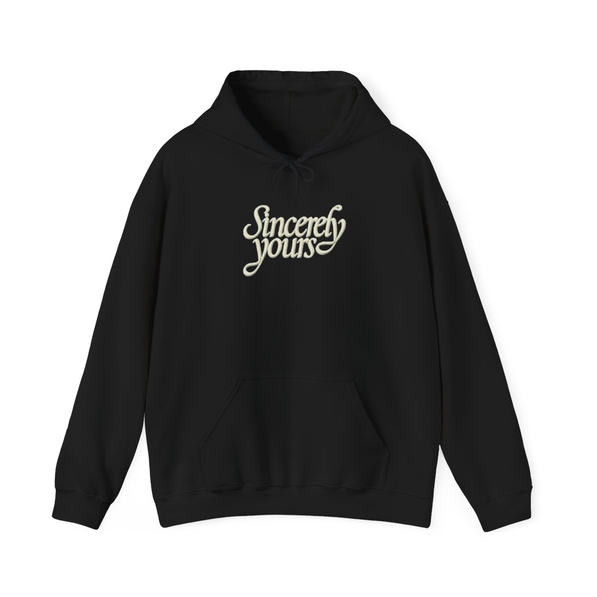 A soft light green hoodie with a drawstring hood, kangaroo pocket, and cursive "Sincerely yours" text on the chest