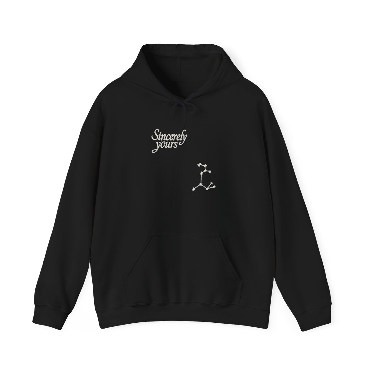 Constellation-print pale blue hoodie with "Sincerely Yours" text and front pocket