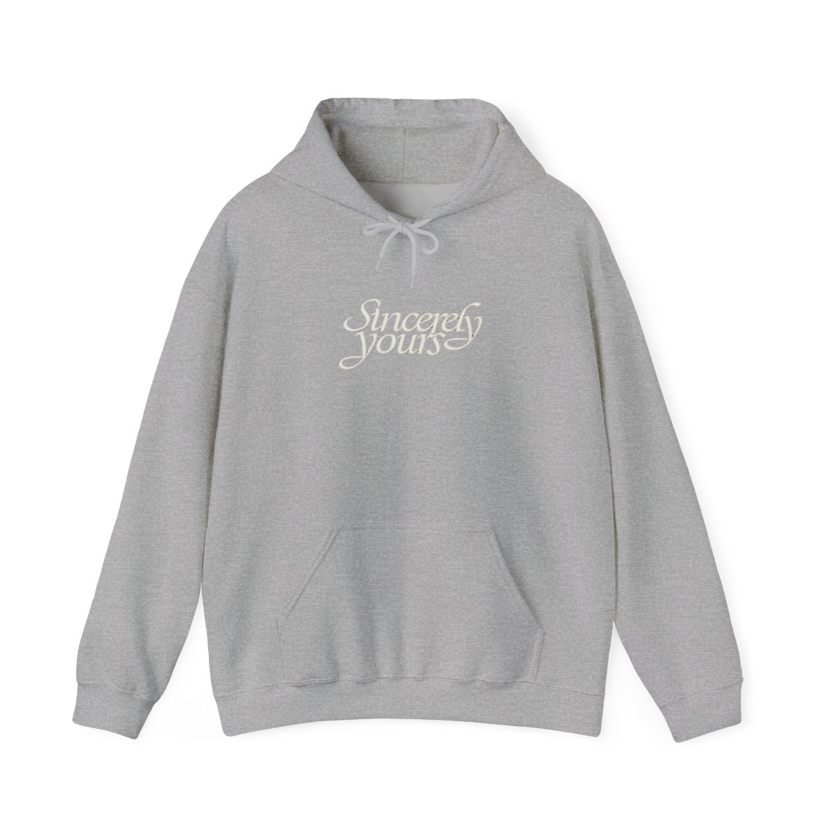Black hoodie with "Sincerely Yours" cursive text on the chest, kangaroo pocket, drawstrings and sleeve details