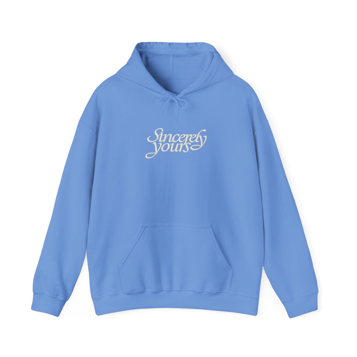 Black hoodie with "Sincerely Yours" cursive text on the chest, kangaroo pocket, drawstrings and sleeve details - alternate angle 4, merchandise