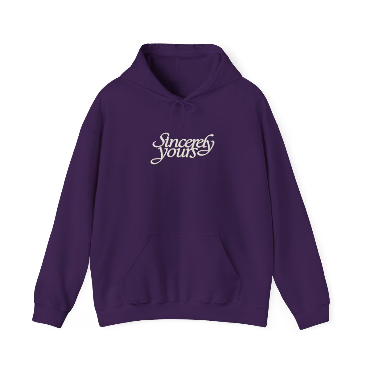 Black hoodie with "Sincerely Yours" cursive text on the chest, kangaroo pocket, drawstrings and sleeve details - alternate angle 3, merchandise