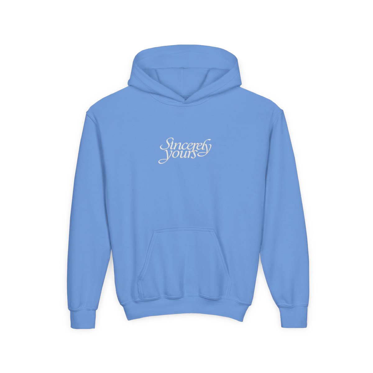 Kids Black Hoodie with "Sincerely Yours" Cursive Chest Text, Kangaroo Pocket & Drawstrings - alternate angle 5, merchandise