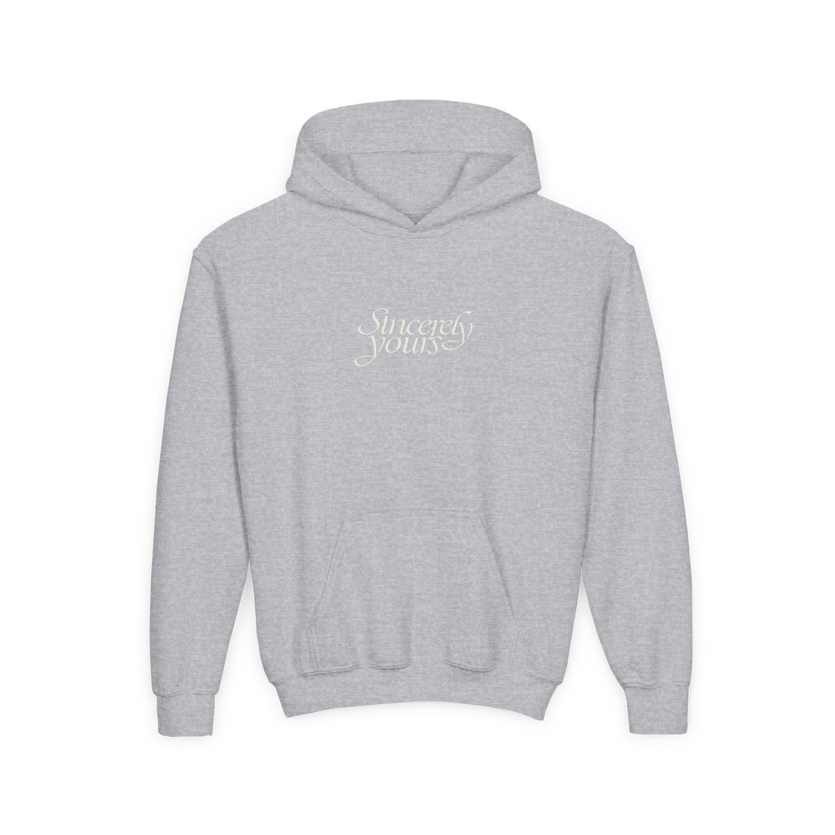 Kids Black Hoodie with "Sincerely Yours" Cursive Chest Text, Kangaroo Pocket & Drawstrings - alternate angle 3, merchandise